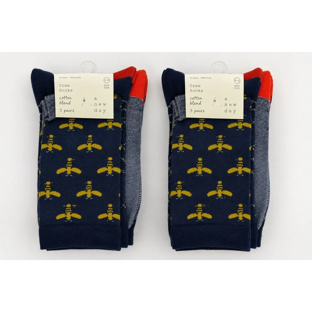 Lot of 2 A New Day Women's Crew Socks 6 Pairs Navy Novelty Cotton Blend Sz 4-10